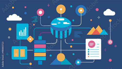 Conceptual data processing system image with central core unit surrounded by icons, shapes, and diagrams symbolizing technology, cloud computing, organization, and data tools.