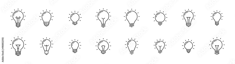 Light bulb idea line icons. Vector electric energy lamps and lightbulbs isolated outline symbols for creative solution, idea, innovation and inspiration concept. Thin line glowing light bulbs signs Light bulb idea line icons. Vector electric energy lamps and lightbulbs isolated outline symbols for creative solution, idea, innovation and inspiration concept. Thin line glowing light bulbs signs