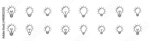 Light bulb idea line icons. Vector electric energy lamps and lightbulbs isolated outline symbols for creative solution, idea, innovation and inspiration concept. Thin line glowing light bulbs signs