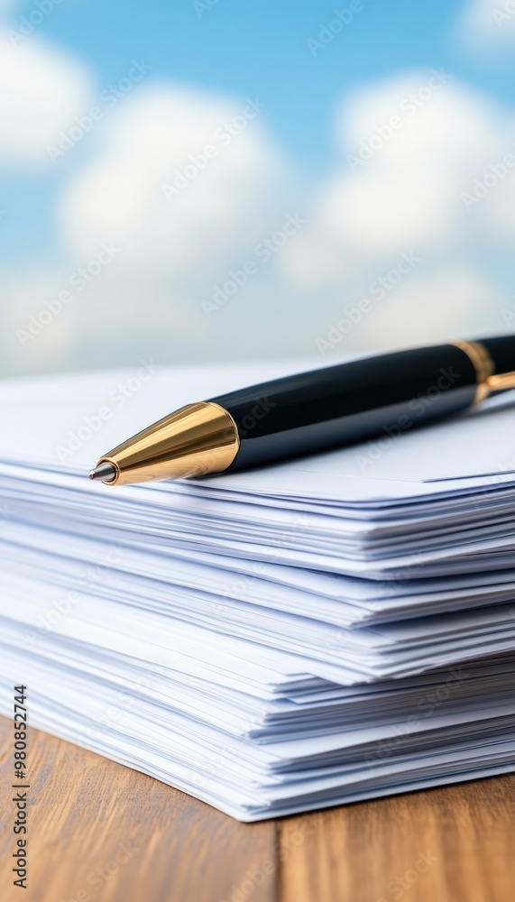 A stack of loan application papers on a desk, with a pen resting on top, signifying the decision-making process