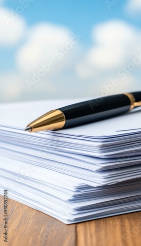 Obraz na płótnie A stack of loan application papers on a desk, with a pen resting on top, signifying the decision-making process w salonie