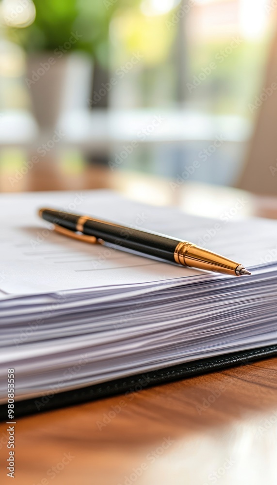 A stack of loan application papers on a desk, with a pen resting on top, signifying the decision-making process A stack of loan application papers on a desk, with a pen resting on top, signifying the decision-making process