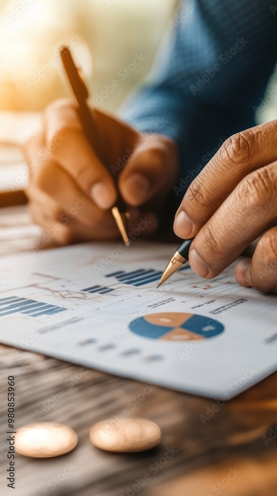 A financial advisor explaining loan conditions to a business owner, using charts and visual aids