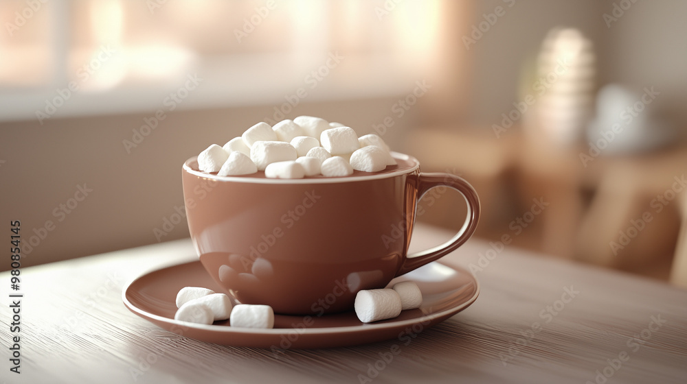 Warm hot chocolate cup filled with marshmallows on a wooden table Warm hot chocolate cup filled with marshmallows on a wooden table