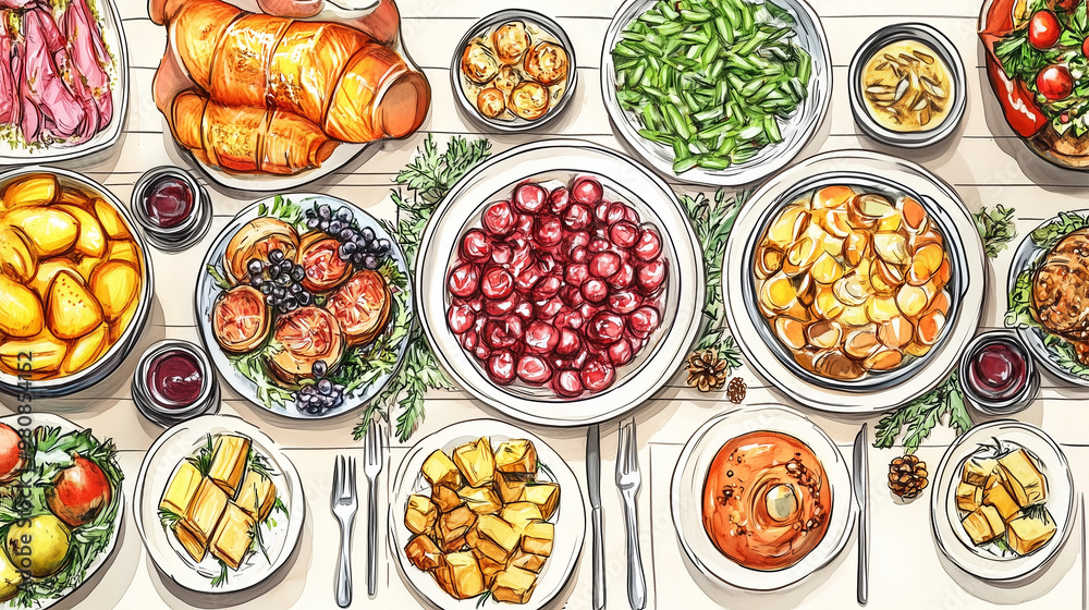 Colorful festive dinner table spread with various dishes and desserts Colorful festive dinner table spread with various dishes and desserts
