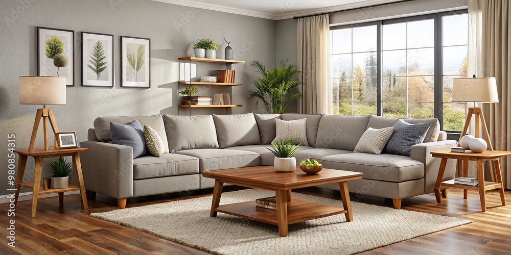 Cozy living room with budget-friendly furniture including a sectional sofa, coffee table, and TV stand against a Cozy living room with budget-friendly furniture including a sectional sofa, coffee table, and TV stand against a