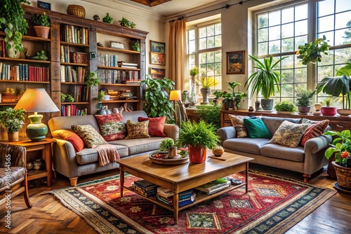 Cozy living room with eclectic mix of vintage furniture, colorful textiles, and lush greenery, surrounded by stacked