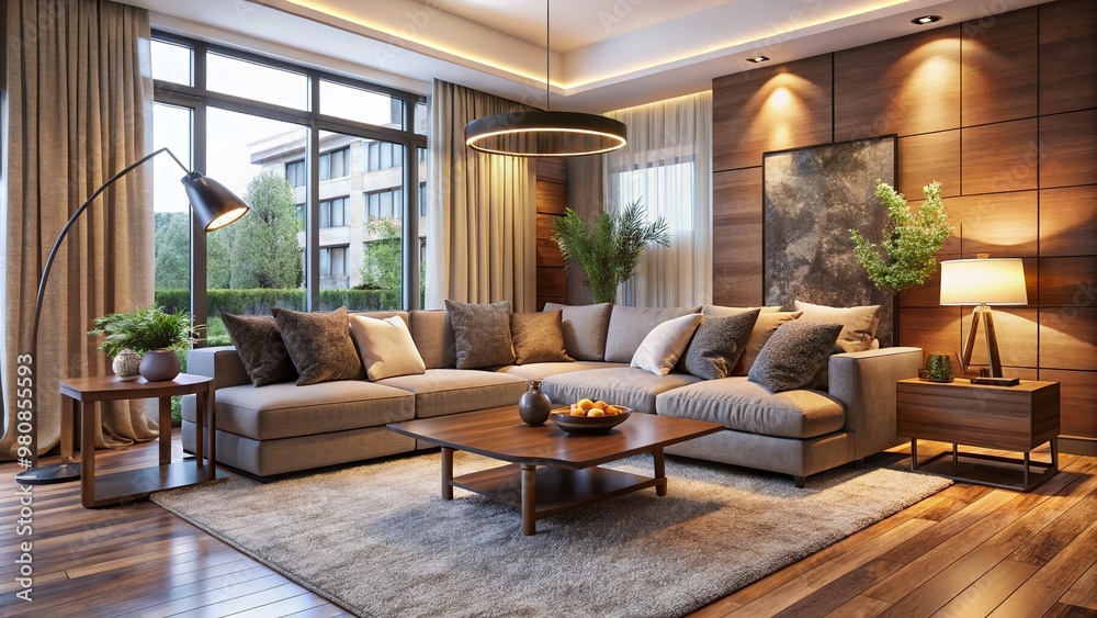 Fototapeta premium Cozy living room with stylishly arranged furniture, featuring a plush sectional sofa, sleek coffee table, and elegant