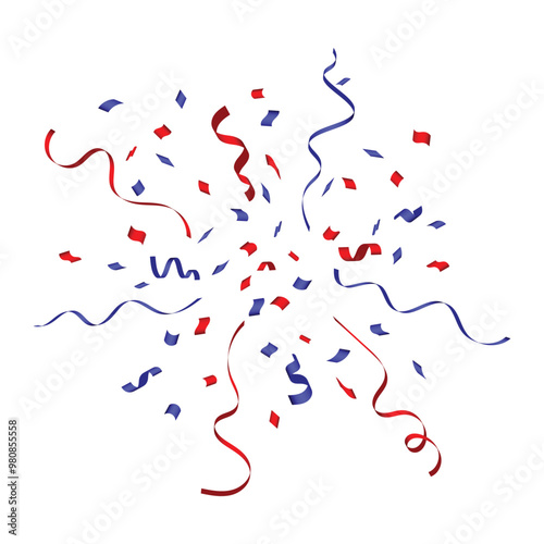 Red and blue confetti and ribbons scattered on a white background, festive vector illustration.