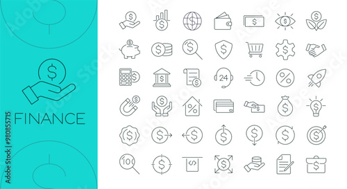 Finance line icon set for web and mobile. Outline modern collection related to cash, savings, revenue, tax, bank, money, exchange, financial management. Editable vector stroke. 256x256 Pixel Perfect. 