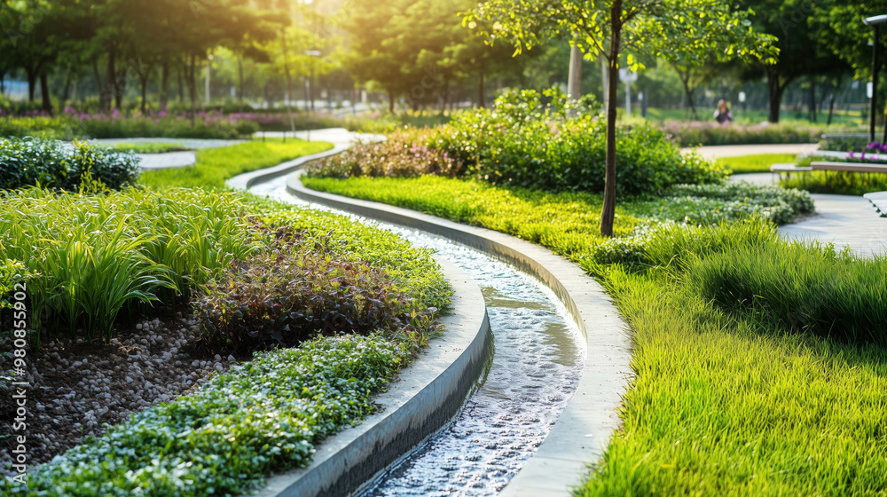 Fototapeta premium Urban green space with eco-friendly drainage system
