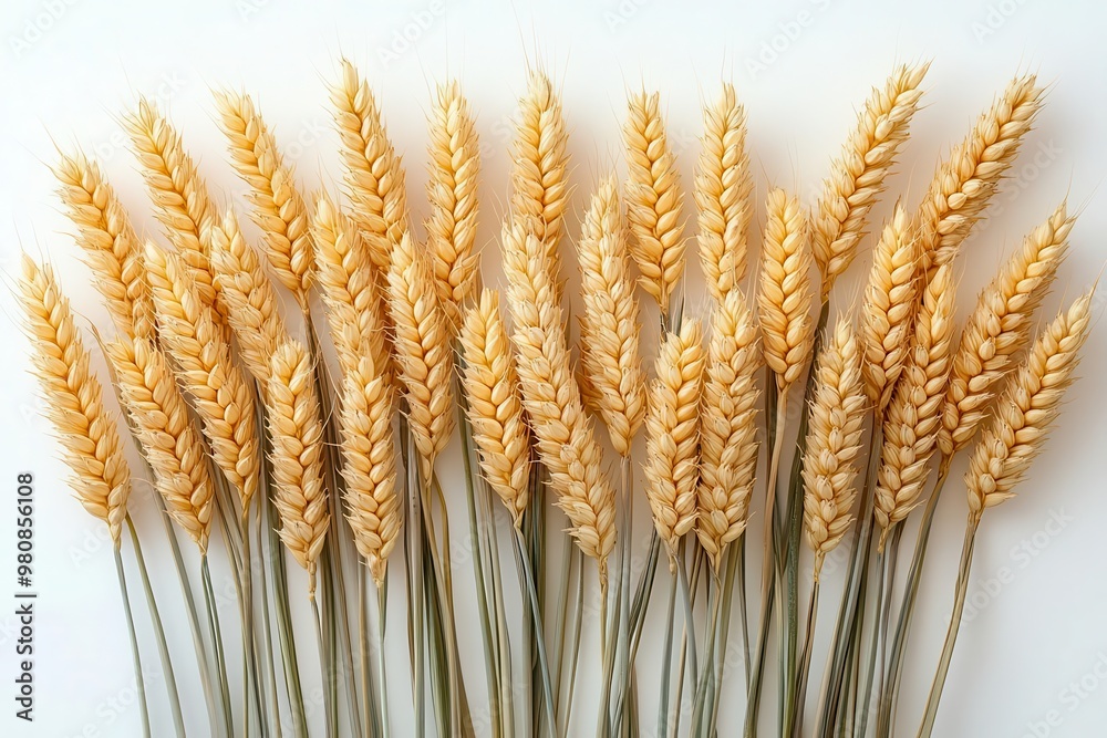 golden wheat ears sway gently against a pure white backdrop their intricate structures highlighted in exquisite detail symbolizes abundance and the beauty of natures simplicity golden wheat ears sway gently against a pure white backdrop their intricate structures highlighted in exquisite detail symbolizes abundance and the beauty of natures simplicity