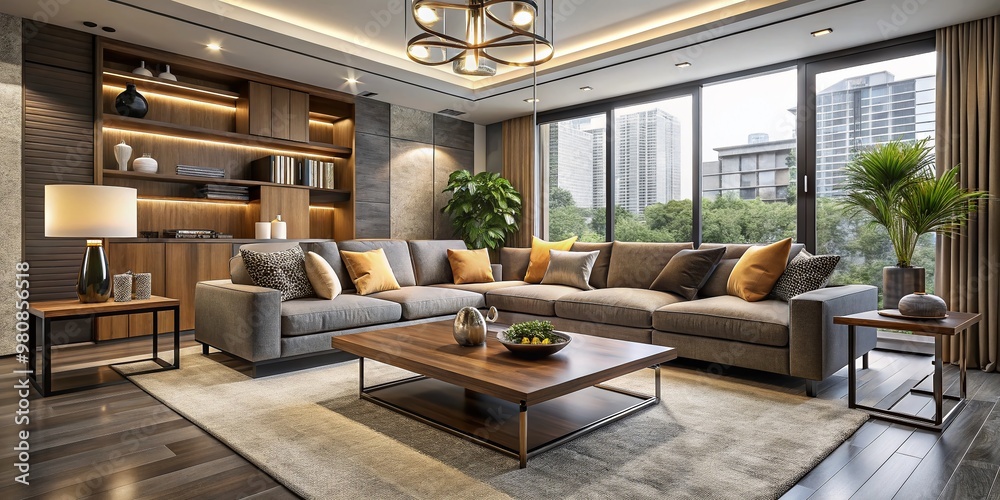 Cozy modern living room with sleek coffee table, luxurious sectional sofa, and minimalist armchair, inviting creativity Cozy modern living room with sleek coffee table, luxurious sectional sofa, and minimalist armchair, inviting creativity