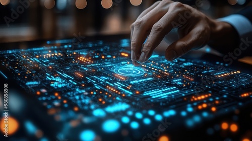 business technology internet and network concept young businessman working on a virtual screen of the future and sees the inscription customization