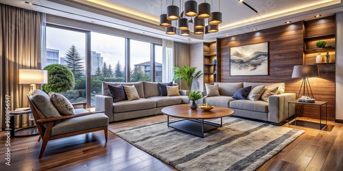 Cozy modern living room with sleek furniture arrangement, rug, and decor, demonstrating a perfectly balanced and