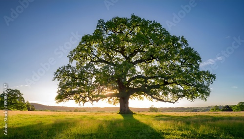 A large majestic oak tree stand alone in middle of sunlit meadow 