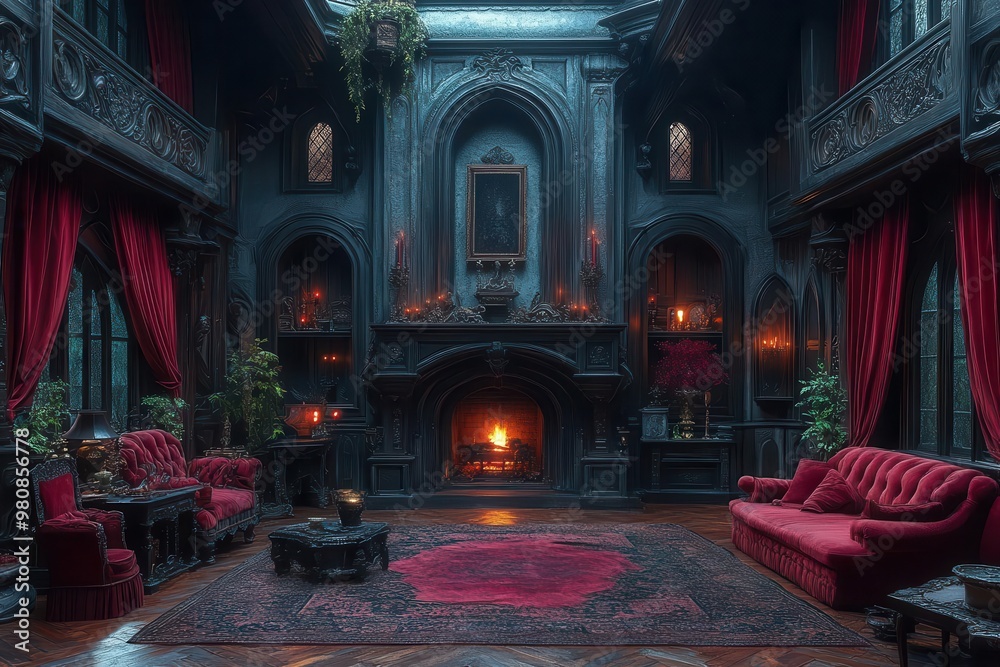 Obraz premium gothic vampires lair grand fireplace velvet drapes antique furniture eerie candlelight