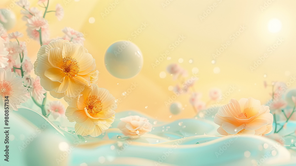 Obraz premium Soft pastels dance in a dreamlike landscape of blossoms and floating orbs at dawn