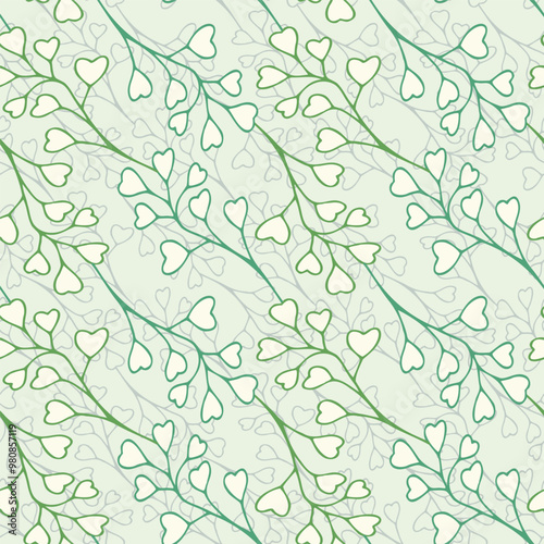 Green leaves simple greenery seamless pattern with line art nature branch