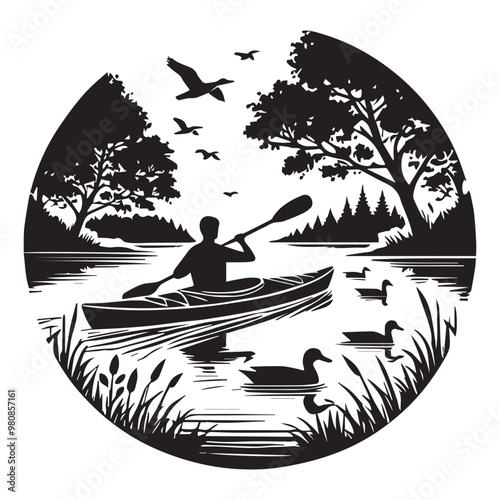  Kayaking Clipart Design - Touring kayak vector illustration in black and white