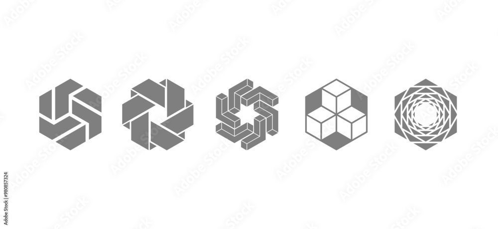 Obraz premium Abstract vector set with star and hexagon patterns, ideal for creating textured backgrounds, flat icons, and logos with a creative design focus for illustrations and art.
