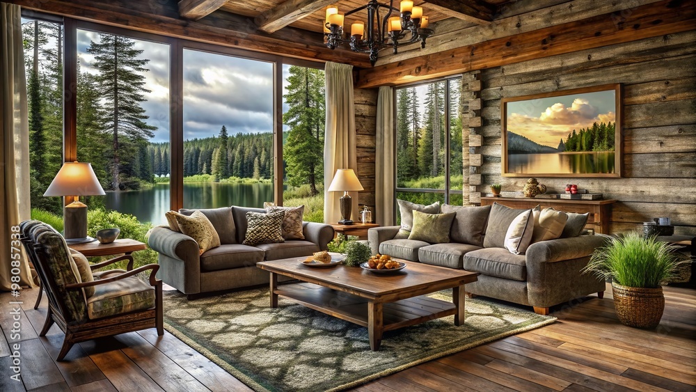 Fototapeta premium Cozy rustic living room with distressed wood accents, plush furnishings, and nature-inspired textiles, evoking a