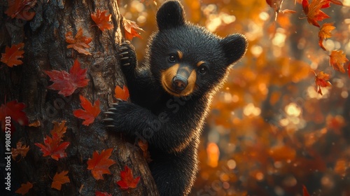 Black Bear Cub in Autumn Forest. generative ai illustration.