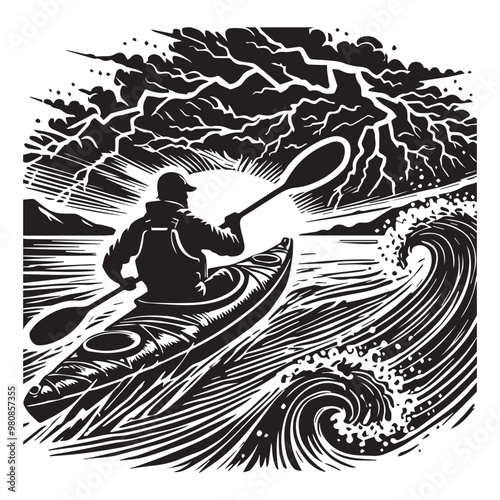  Kayaking Clipart Design - Touring kayak vector illustration in black and white