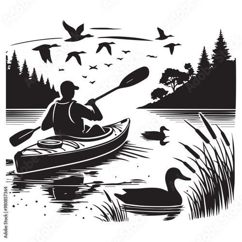  Kayaking Clipart Design - Touring kayak vector illustration in black and white