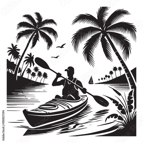  Kayaking Clipart Design - Touring kayak vector illustration in black and white