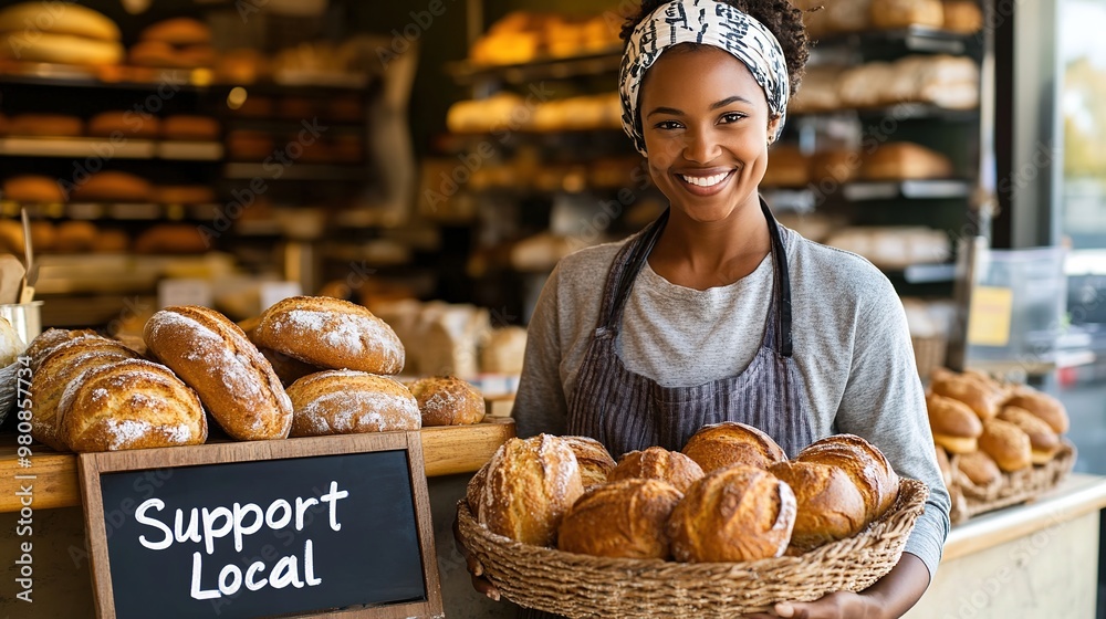 Smiling baker with fresh bread at local shop Smiling baker with fresh bread at local shop