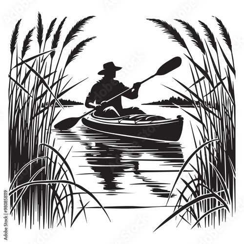  Kayaking Clipart Design - Touring kayak vector illustration in black and white