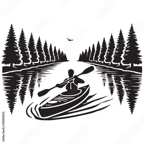  Kayaking Clipart Design - Touring kayak vector illustration in black and white