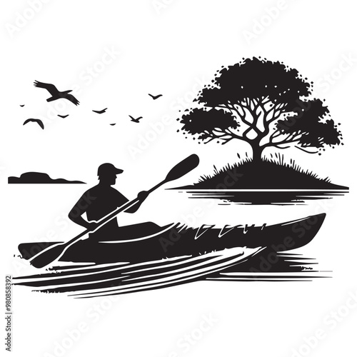  Kayaking Clipart Design - Touring kayak vector illustration in black and white