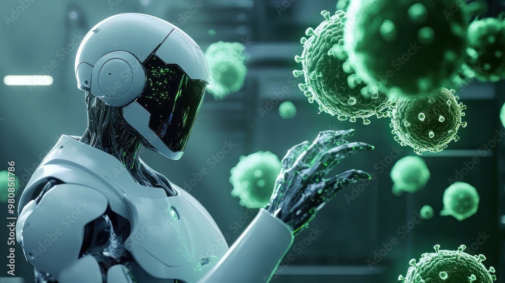 Fototapeta premium Robot hand interacting with green virus in clean lab