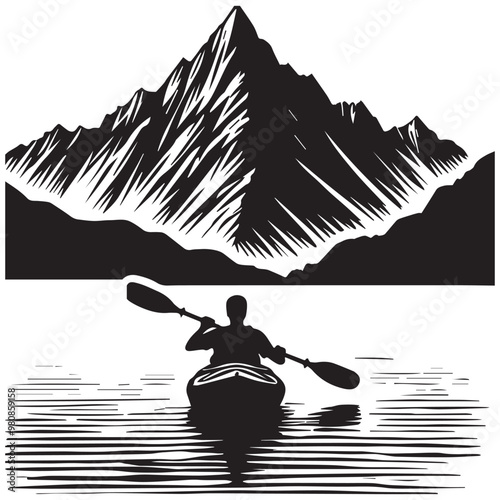  Kayaking Clipart Design - Touring kayak vector illustration in black and white