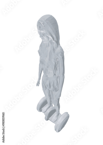 Polygonal model of a girl standing on a segway isolated on a white background. Girl riding a segway. Vector illustration. 3D