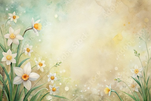 Delicate watercolor illustration featuring a spacious note area on a soft pastel background with subtle floral patterns and tiny white and daffodil flowers on the left.