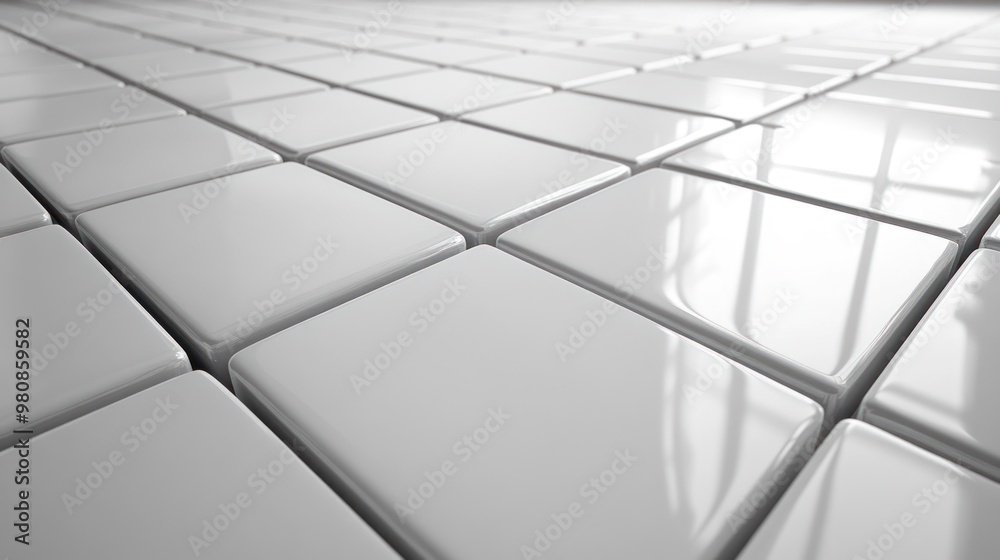 A close-up view of glossy white tiles on a floor surface. A close-up view of glossy white tiles on a floor surface.