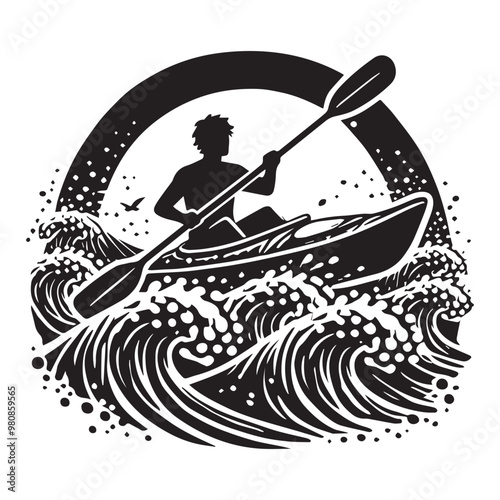  Kayaking Clipart Design - Touring kayak vector illustration in black and white