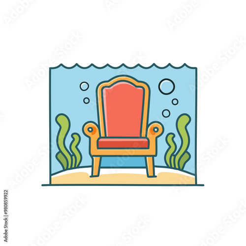 A throne underwater with seaweed and coral reefs vector art illustration design. 