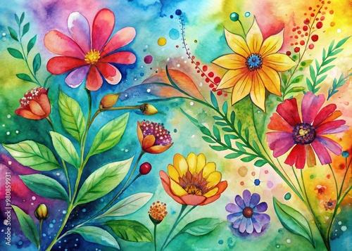 Vibrant spring flowers and delicate leaves dance across a whimsical abstract background, created with expressive watercolor ink strokes and bursting with bright, joyful colors.
