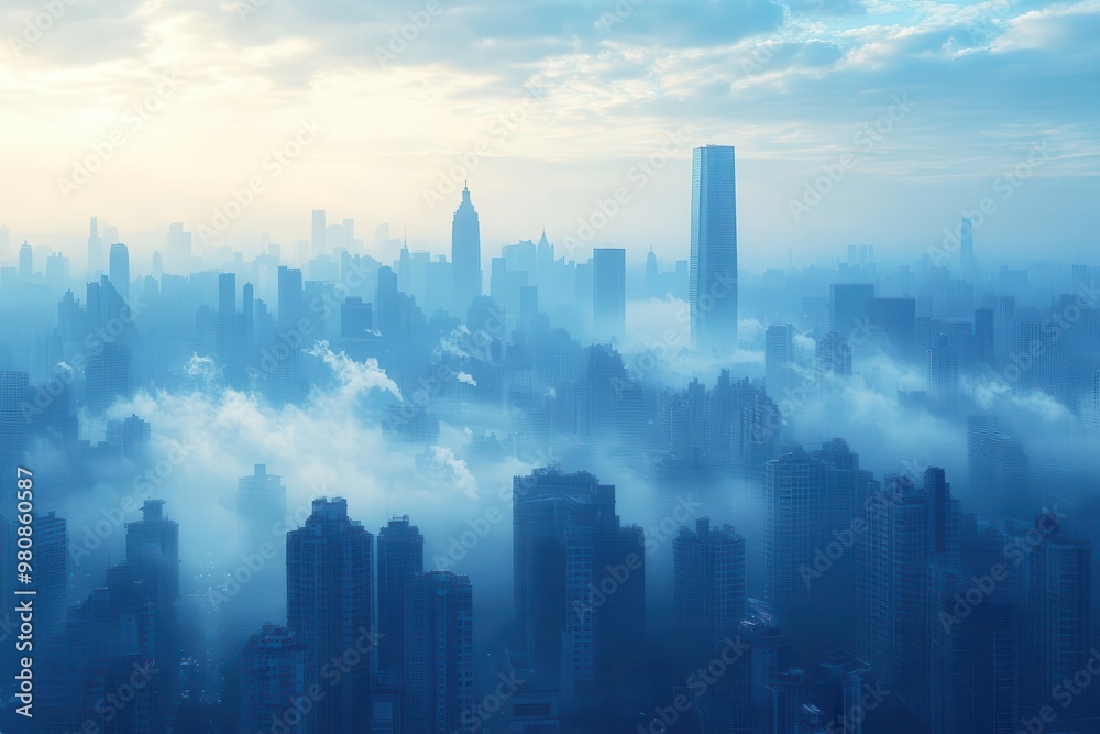 hazy cityscape with iconic skyscrapers emerging from thick smog highlighting urban air pollution and environmental concerns hazy cityscape with iconic skyscrapers emerging from thick smog highlighting urban air pollution and environmental concerns