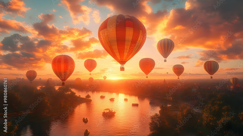Fototapeta premium Hot Air Balloons Floating in the Golden Sky Over Water - Illustration
