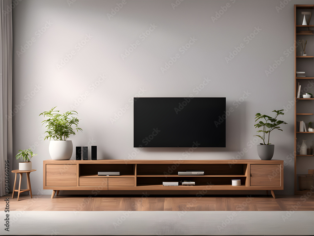 Living room interior with TV. Blank screen television on the table. Television put on tv stand wood table, in minimal empty space. Modern television in living room.