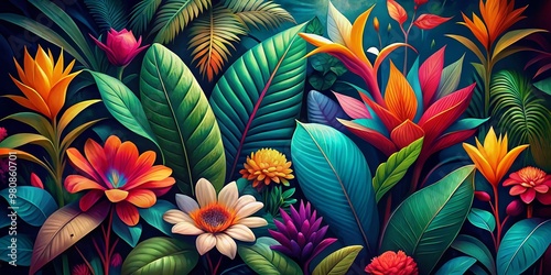 Vibrant AI-generated botanical design featuring colorful tropical flowers and lush foliage in bold abstract shapes, perfect for modern decor and stylish backgrounds.