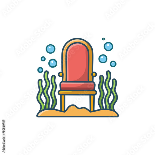 A throne underwater with seaweed and coral reefs vector art illustration design. 
