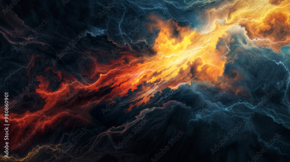 Fototapeta premium Dynamic abstract energy explosion with vibrant fiery lightning and dark clouds