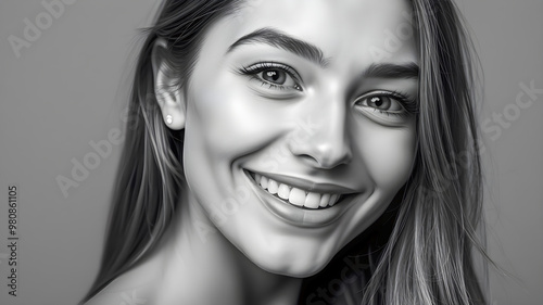 Beautiful woman in a classic black and white portrait setting. Happy smiling young woman attractive closeup face fashion. Face skincare, health, facial design concept. AI generated