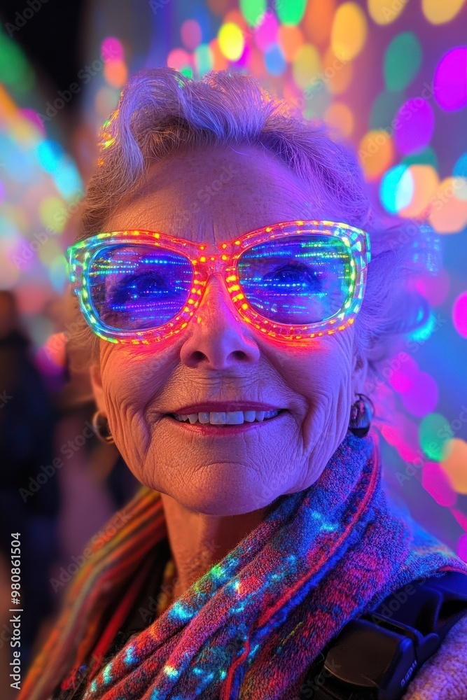 Cheerful senior woman with playful lighted glasses Cheerful senior woman with playful lighted glasses